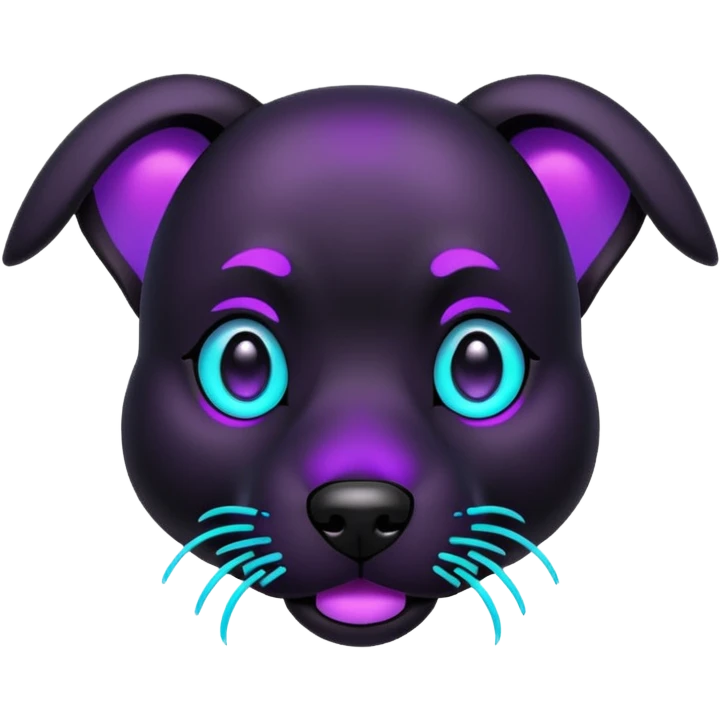futuristic glowing black dog emoji, neon cyan eyes, purple #8B5CF6 highlights, tech minimal style, dark background emoji