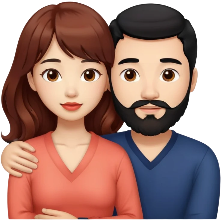 handsome mixed white asian man with black hair and beard, hugging cute tan skin woman with long wavy reddish brown hair with bangs and coral lipstick emoji