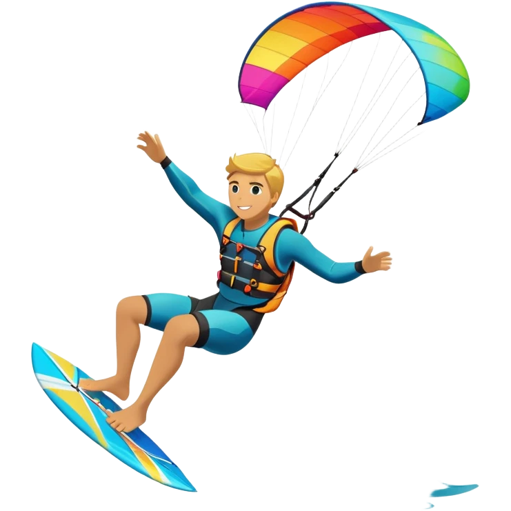 A kitesurfer soaring through the sky, harnessing the wind on a bright, colorful kite. The scene shows the surfer gliding over the water with the kite above, emphasizing the freedom, speed, and thrill of the sport in a dynamic coastal setting. emoji