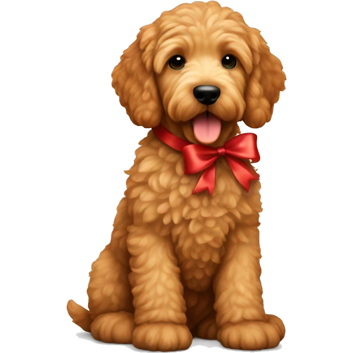 Ginger golden doodle. Baby. Full body sitting down. Red ribbon  emoji