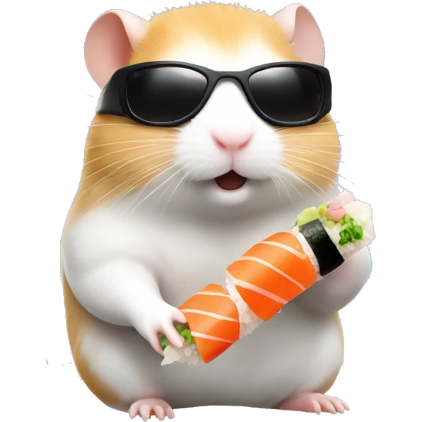 Hamster eats sushi and wearing sunglasses near the ocean emoji