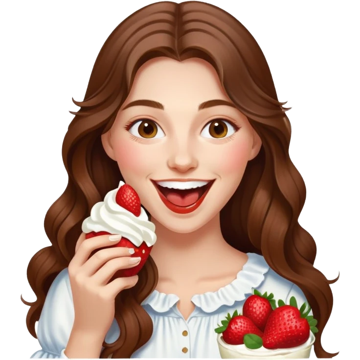 Young woman with long brown hair eating strawberries whipped cream, laughing elegant  emoji