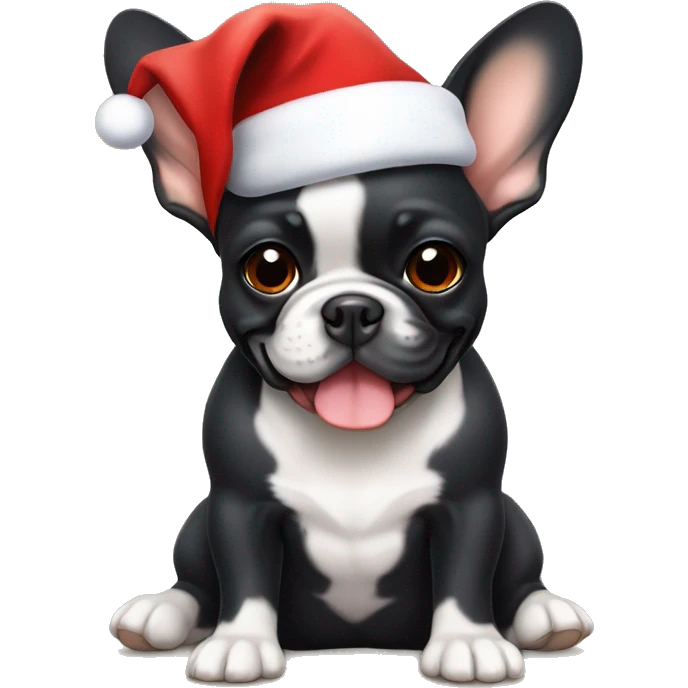 A small, black-and-tan French bulldog with a mostly black face and tan paws, wearing a classic red and white Santa hat, sitting happily with its tongue slightly out. emoji