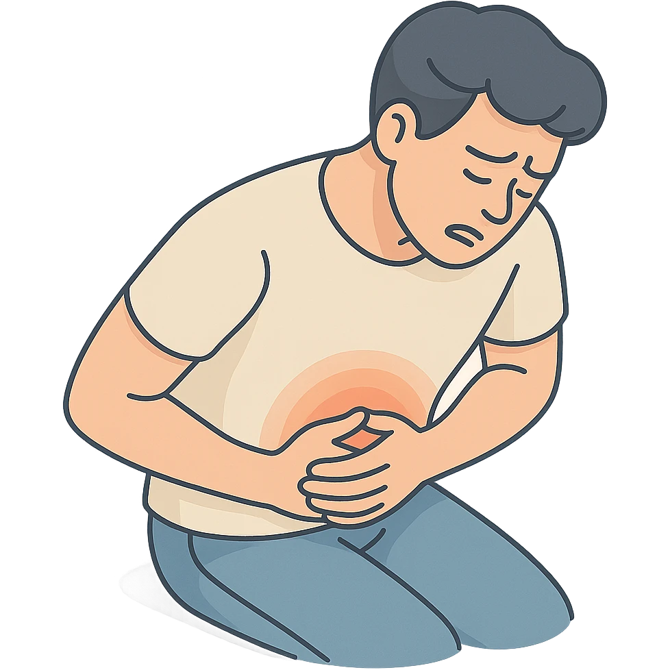 detailed 2D isometric illustration of a person (patient) with stomach pain, waist up, close-up, holding stomach with both hands, curled up in pain, soft rounded shapes, shadows and highlights, clean contours, pastel palette, modern illustration, transparent background emoji