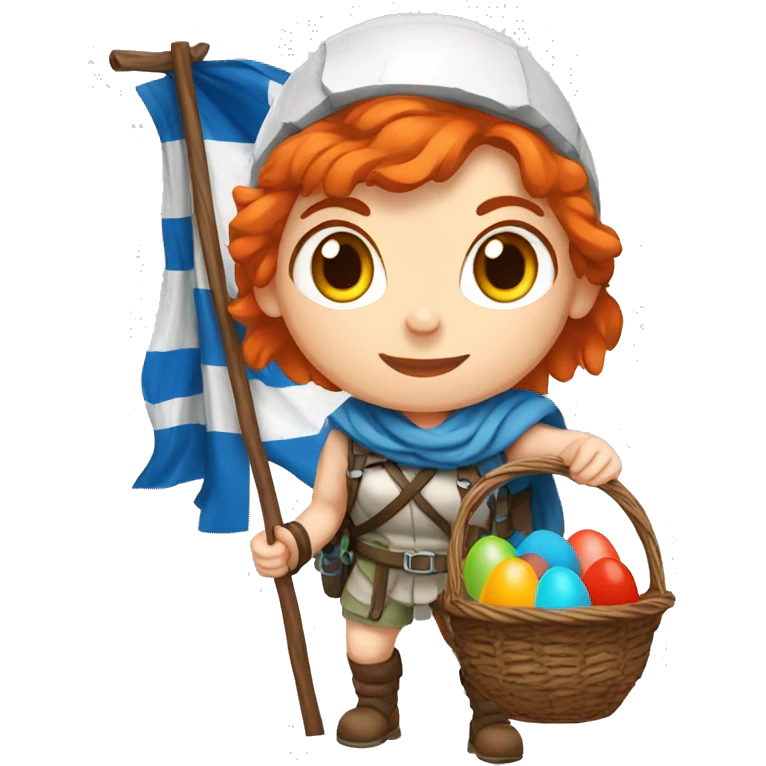 Greek Female winter mountaineer red hair white skin climbing with Greek Flag and Easter eggs basket emoji