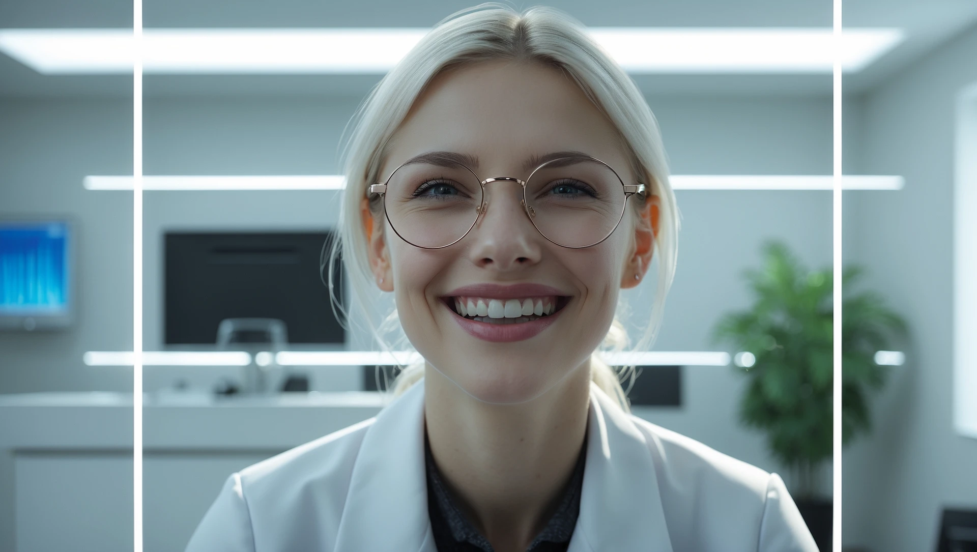 Cinematic still, Proffesional advertising of a smiling european white woman with glasses smiling, minimalistic ophthalmologist interior in background, leading  lines, "rule of thirds", 60/30/10 colors, soft light emoji