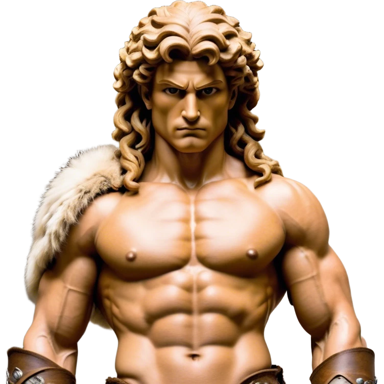 Cinematic Realistic Barbarian Hercules Portrait, depicted as a fierce Greek hero with the chiseled features of Michelangelo's David. His light tan, sculpted skin glows with timeless strength, and his thick, curly, golden brown hair cascades in wild, untamed curls reminiscent of a warrior’s mane. Instead of a flowing white robe with golden accents and a laurel wreath, he wears rugged, weathered leather and fur garments—a tattered, fur-trimmed cloak draped over broad shoulders and a simple circlet forged from iron and bone. His intense, determined eyes exude savage nobility, all rendered under dynamic natural lighting with a mythic, raw, radiant glow. emoji