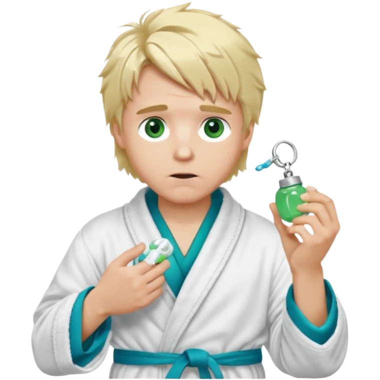 A white man with green eyes, medium-length blond hair, a blue Cartier watch on his wrist, and a black and white bathrobe. His hair is messy, and he has a white pacifier in his mouth. emoji