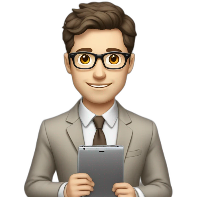 Pale skinned fit man with dark brown hair in gray jacket, beige office shirt, brown tie, brown pants and vintage glasses Writing on the tablet emoji