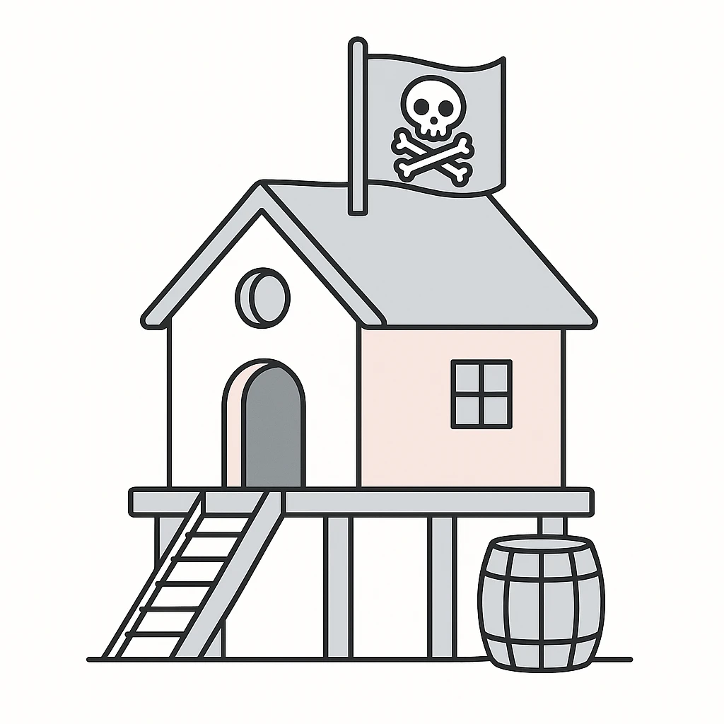 old pirate's house with skull flag emoji