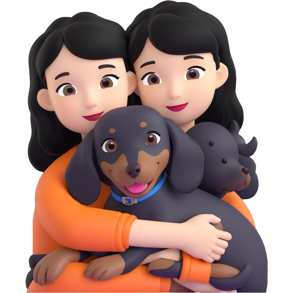 black hair asian girl hugging black dachshund emoji