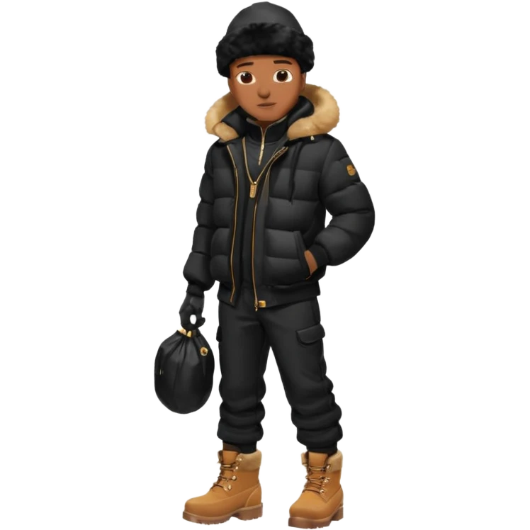 Handsome Black grown man with brown skin tone, wear black joggers, a black bubble coat with a fur brim on the hood, and buckwheat timberland boots, and black gloves emoji