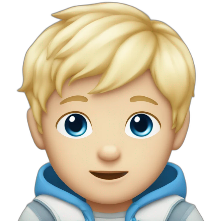 Baby boy with blond hair and blue eyes and a fox plush emoji