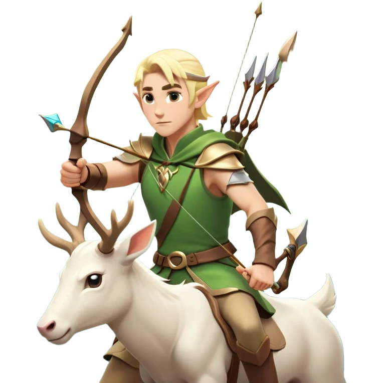 clash-of-clans-aesthetic-blond-male elf-archer-portrait-emoji, rendered in a flat, vector-style with minimal shading and bold holding his bow, simplified shapes, head tilted slightly forward with a determined, focused expression, riding a majestic white stag whose antlers glow with mystical energy, set against an ancient, enchanted forest backdrop. emoji