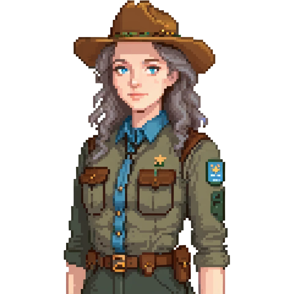 white woman park ranger with brown and gray hair and blue eyes emoji