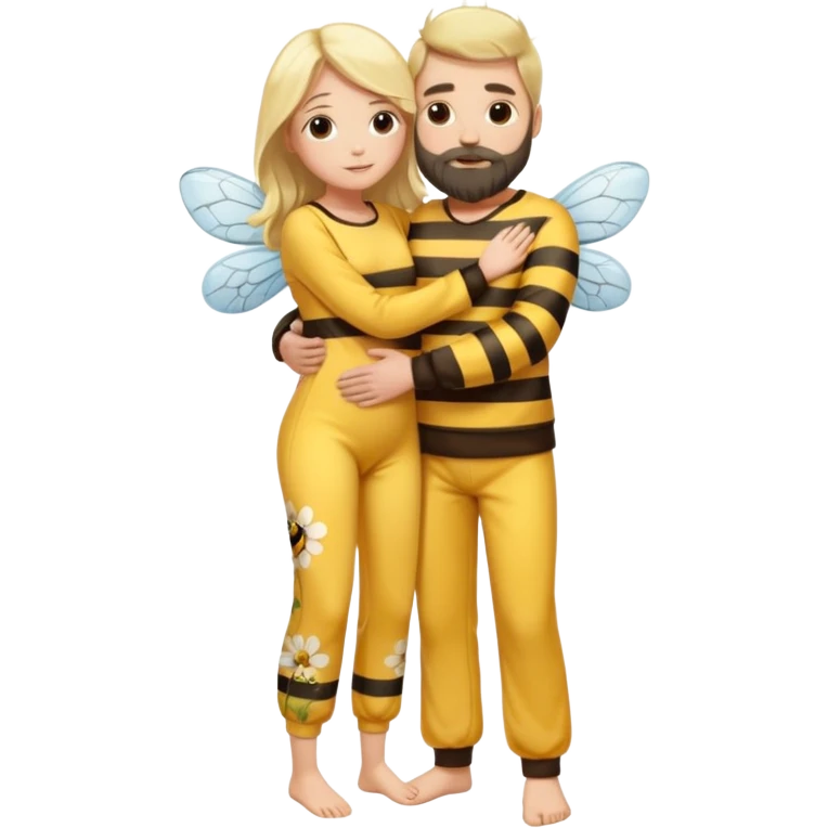 Grown up man with long dark brown long, white skin, medium beard, full body in cute bee pijama hugging a woman with blonde hair, white skin, dressed as a flower  emoji