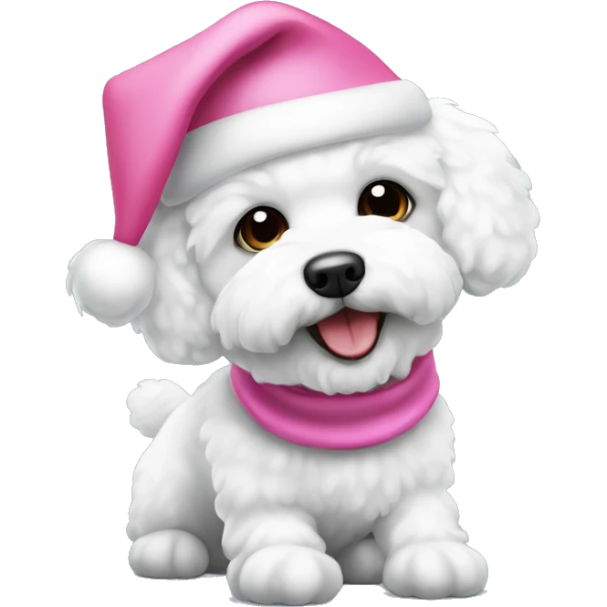 White bichon dog wearing a pink Santa hat emoji