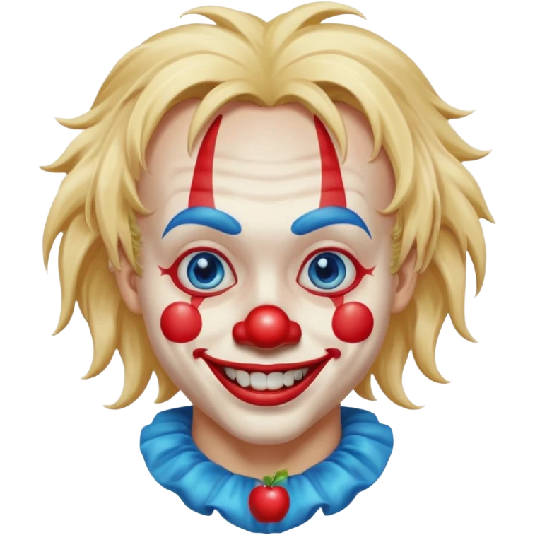 creepy clown boy with messy very long long blonde hair, blue eyes, make it more like an apple emoji emoji