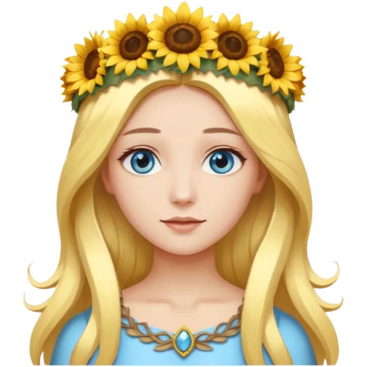 portrait woman long blonde hair blue eyes white skin wearing sunflower halo crown emoji