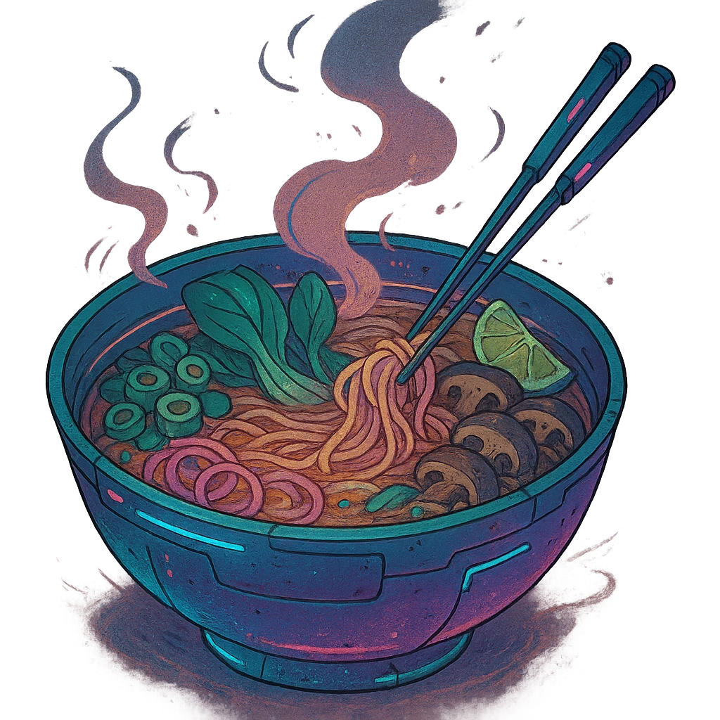cyberpunk futuristic, scifi, a bowl of delicious VEGAN pho, ramen, piping hot emoji