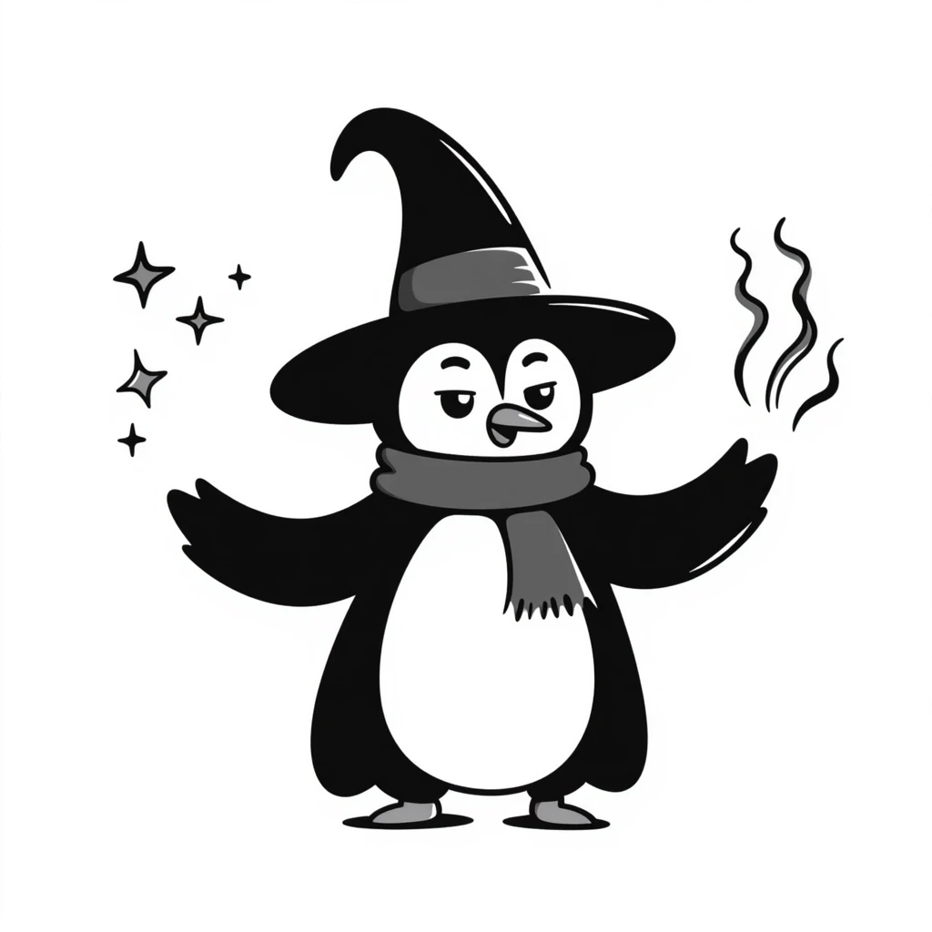 penguin wizard with a big hat and magic sparkles emoji