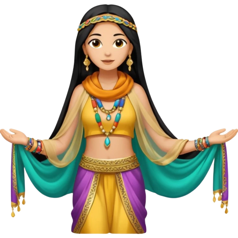 Mujer joven, morena, 
Negro, largo y brillante, suele ir cubierto parcialmente por un velo o pañuelo oriental.inspiración árabe: túnica colorida , con detalles dorados o lentejuelas; brazaletes y pendientes.cuerpo entero emoji