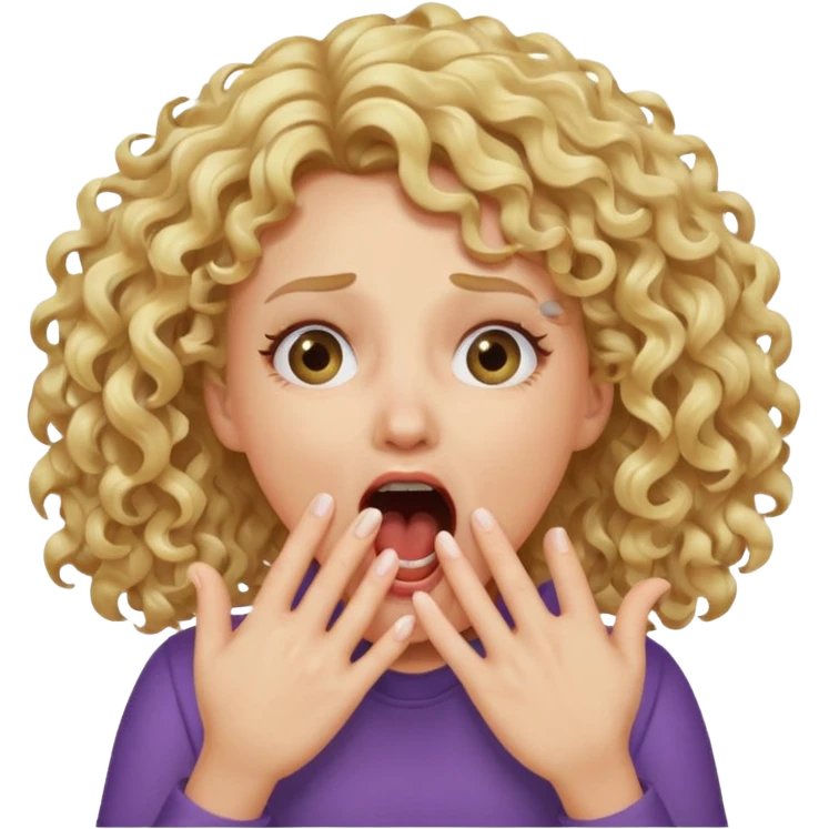 Emoji di ragazza bionda riccia che urla e mette una mano in faccia davanti la bocca e gli occhi emoji