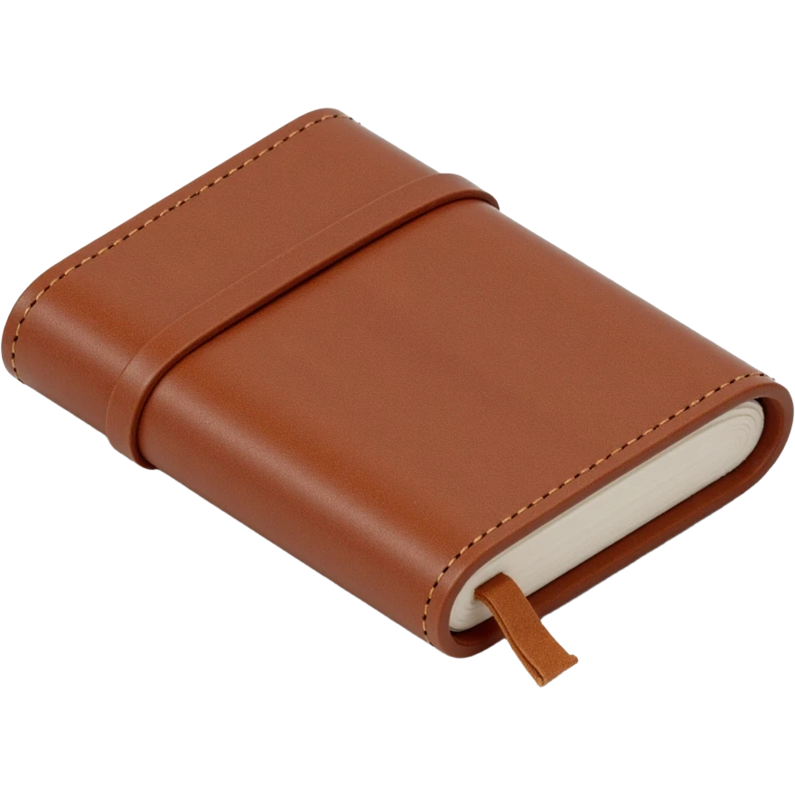 leather-bound notebook with stitching and 'brandbook' written on it, skeuomorphism icon style emoji