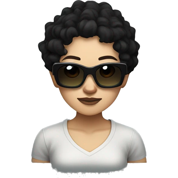 an asian woman with curly dark hair with creeper minecraft sunglasses and nose piercing in black t-shirt emoji
