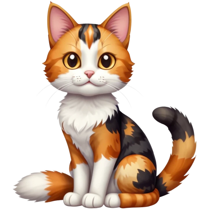 cinematic-[calico tabby cat]-realistic-full-body-sitting-emoji,-tail-curled-playfully-around-its-paws, cinematic-cute-calico-cat-portrait-emoji,-head-tilted-playfully-with-sparkling,-inquisitive-eyes-and-a-charming-patchwork-fur-of-orange,-black,-and-white,-simplified-yet-irresistibly-adorable,-highly-detailed,-glowing-with-a-warm,-invit (3) emoji