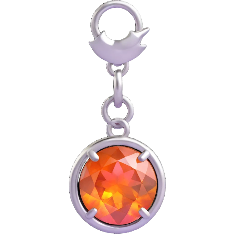 extreme close-up of a round cut pink fire opal charm with intense iridescent pink and orange colors, silver setting and silver jump ring emoji