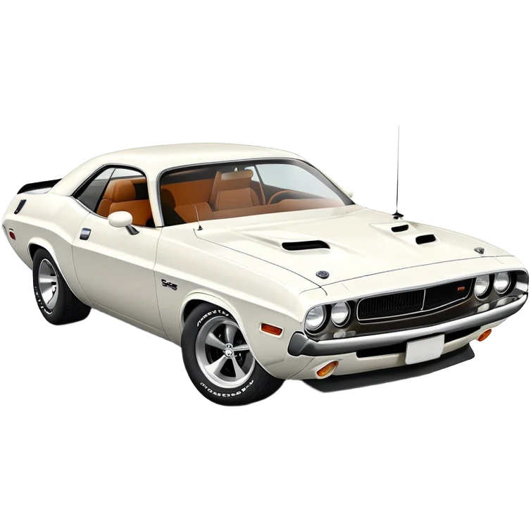 Refined white 1971 Dodge Challenger with exact proportions, perfect three-quarter 30-degree angle view, detailed front end with visible headlights and grille, pure white color, iOS emoji style emoji