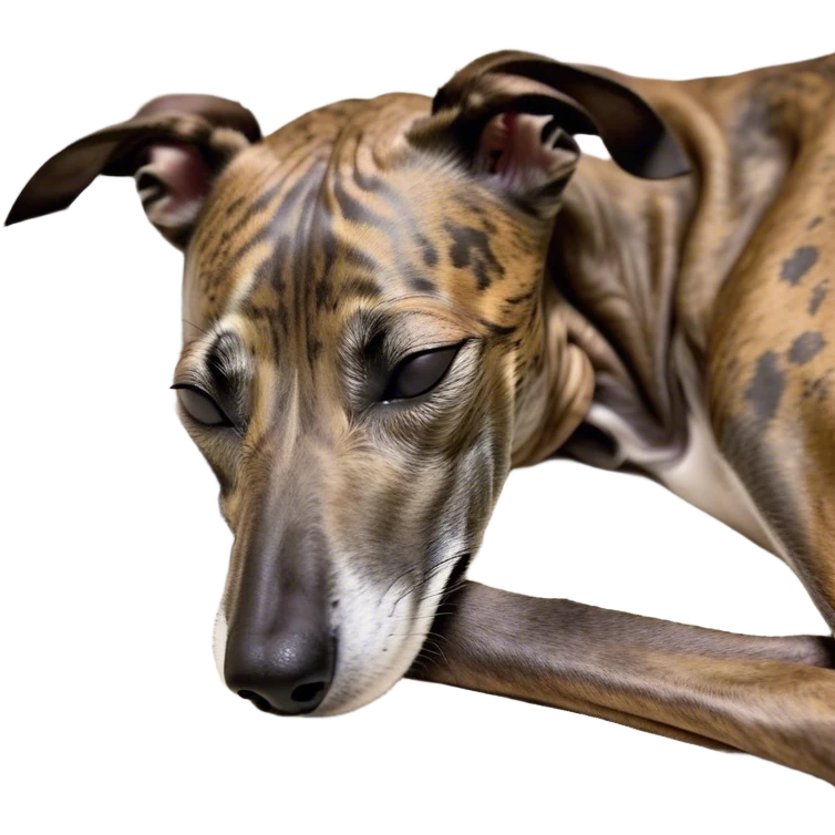 Meme-Worthy Cute Sleeping Brindle Greyhound Portrait Emoji, Head resting peacefully with a contented smile, showcasing a slender build and a luxuriously smooth brindle Fur, eyes shut in a serene nap, Simplified yet hilariously adorable features, highly detailed, glowing with a soft, drowsy light, high shine, relaxed and utterly lovable, stylized with an air of playful laziness, bright and heartwarming, soft glowing outline, capturing the essence of a comically sleepy racer, so meme-worthy it feels like it could instantly become the next viral sensation of adorable slumber! emoji
