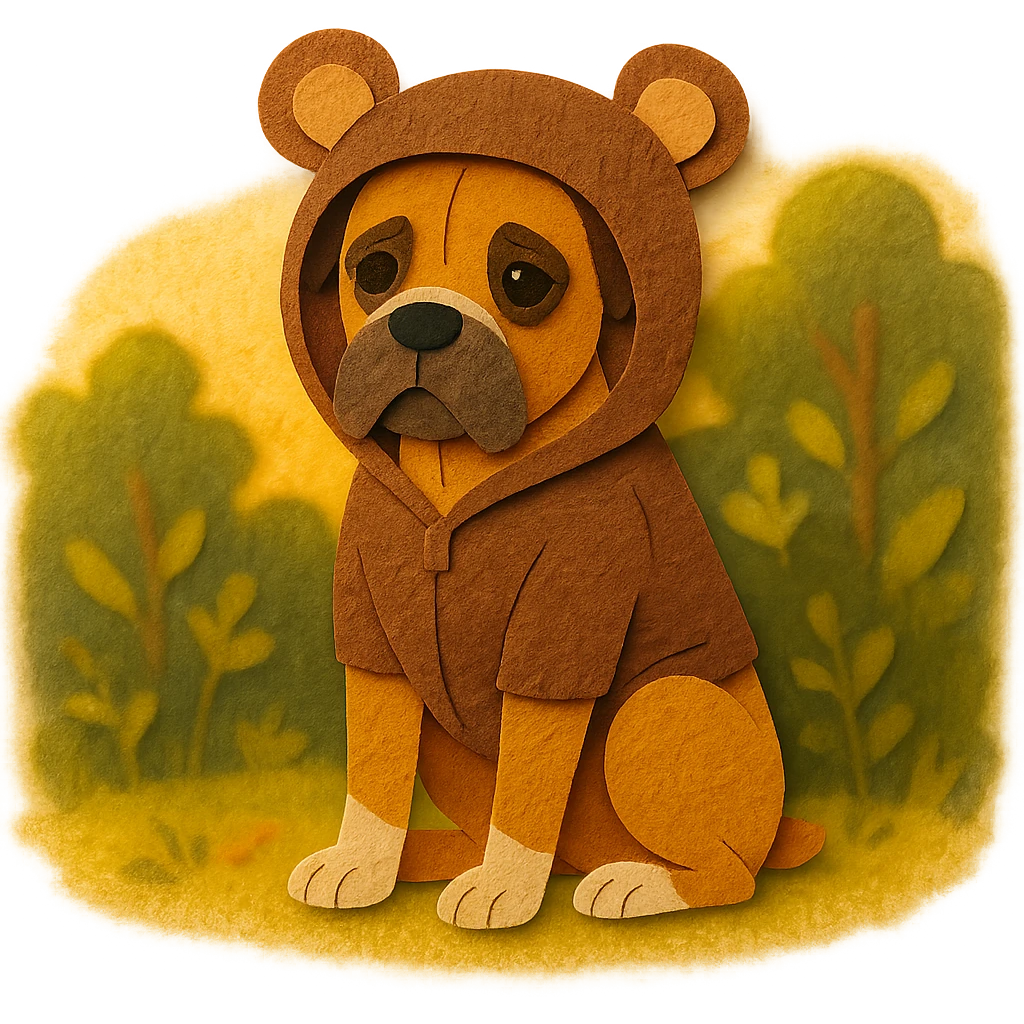 perro bóxer sentado, mirada tierna, buzo con capucha de orejas de osito marrón, iluminación golden hour, entorno natural con follaje, paper craft style emoji