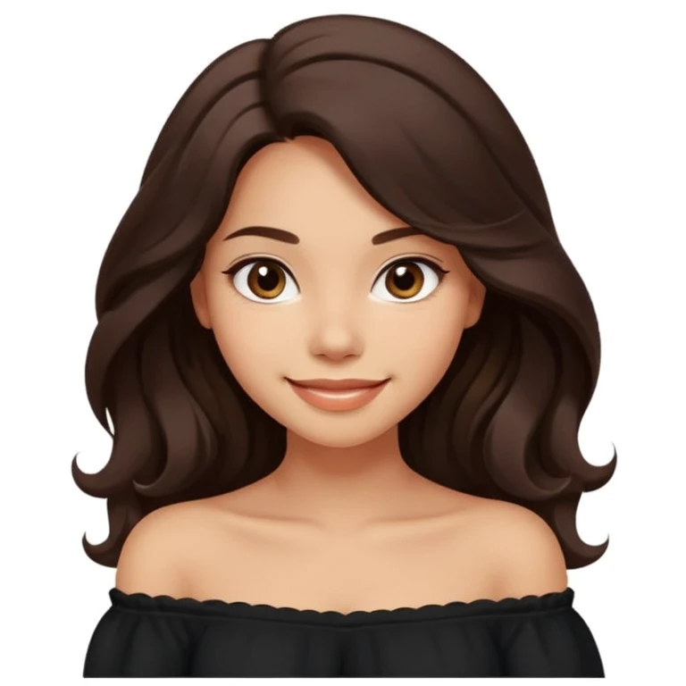 modern clean emoji of a young woman with medium skin tone, long wavy dark brown hair, wearing a black off-shoulder top, soft friendly smile, expressive eyes, warm charming style, relaxed confident vibe, neutral light color or soft gradient background emoji