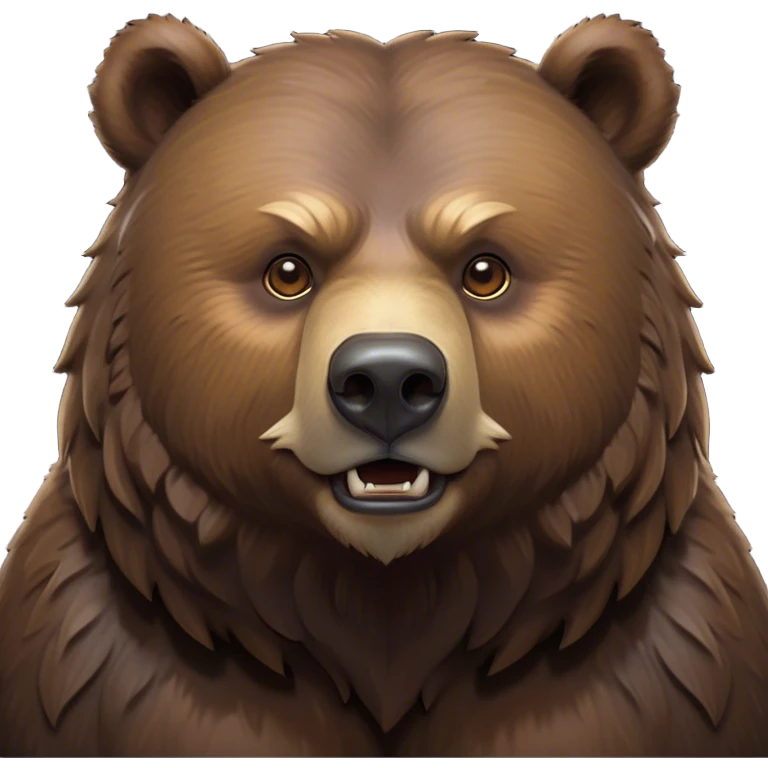 Cinematic Noble Grizzly Bear Portrait Emoji, Poised and regal, with a massive, powerful build and a thick, rugged deep brown fur, piercing deep-set soulful eyes, Simplified yet sharp and sophisticated features, highly detailed, glowing with a soft, dignified glow, high shine, intelligent and formidable, stylized with an air of untamed wilderness, focused and attentive, soft glowing outline, capturing the essence of a watchful and commanding guardian, so majestic it feels as though it could lumber out of the screen with effortless authority! emoji