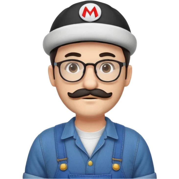 person with glasses, short dark hair, mustache and beard, wearing Mario hat and overalls emoji
