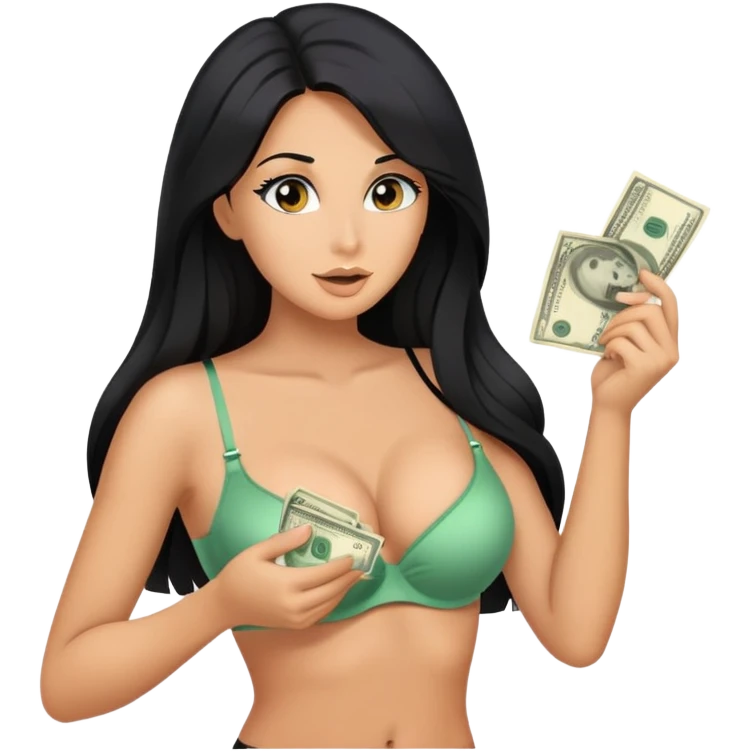 woman with bra, tanned long black hair, holding money whispering emoji