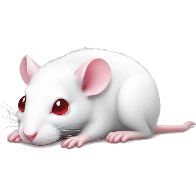 Realistic white rat with small ears, bright red eyes and baby pink tail and baby pink paws in sleeping position neutral face eyes open body is lying down curled up emoji