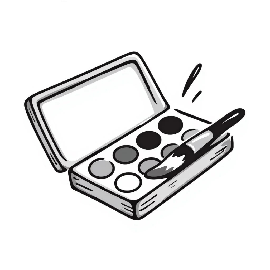 A watercolor paint box with paintbrush and color wells in pastel colors (dd9fb0, ffc6d3, a3bfc9, c4bee2, f1b091), hand-drawn doodle style emoji