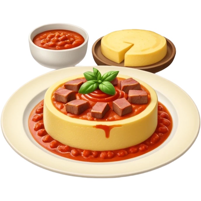 Creami l’emoji di una polenta su un piatto con il sugo e la carne sopra emoji