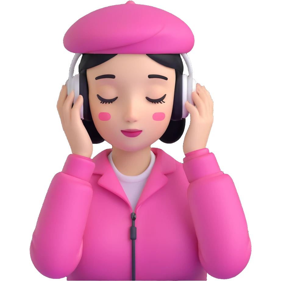 girl wearing a pink beret and AirPods Max headphones, listening to music with closed eyes emoji