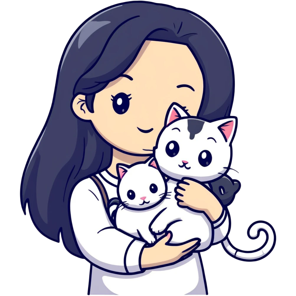 beautiful girl with long black hair holding a hairless cat emoji