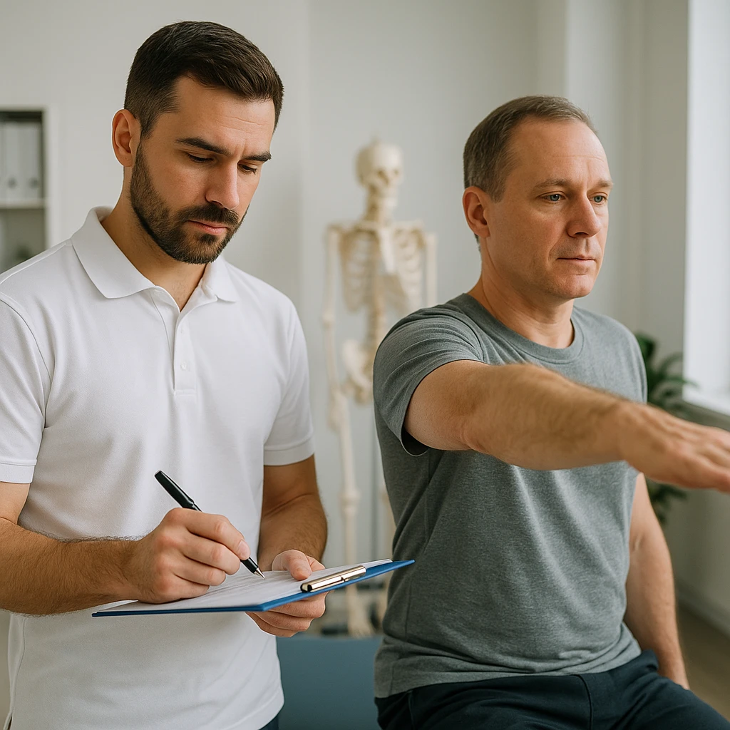 realistic image of a kinesiologist observing and noting results of a kinesiological evaluation on a patient in a clinical environment with professional atmosphere emoji