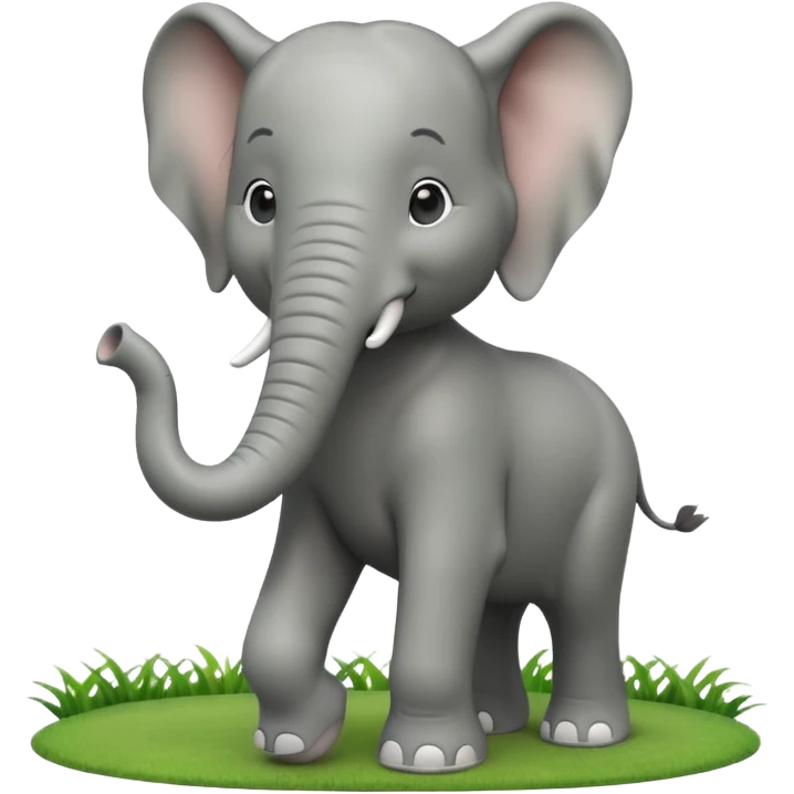 A large 3D cartoon elephant standing on green grass, smooth gray skin, big ears, curved trunk raised slightly, gentle smile, bright natural sunlight, Memoji-style. emoji