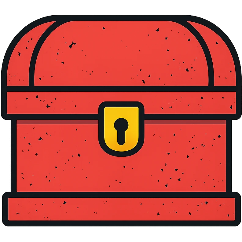 a minimalist red treasure chest with more red elements than before, some transparent areas still visible but with increased red coverage, weathered edges and distressed look, roughly 70% red and 30% transparent emoji