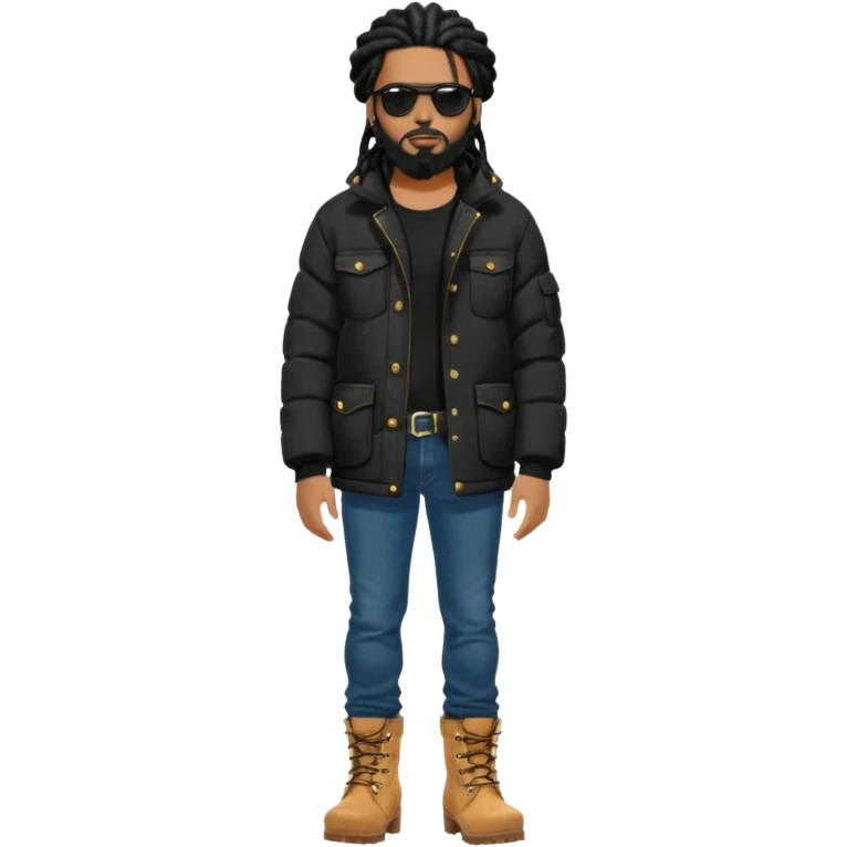 African American man with shoulder length black dreadlocks with black beard wearing black sunglasses wearing a black bubble winter coat wearing denim skinny jeans wearing wheat timberland boots standing up thinking emoji