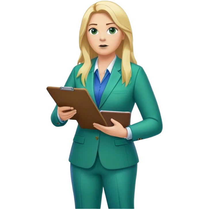 Full Body white plus size female basketball head coach coaching using a clipboard with long blonde hair in a blue and green suit emoji