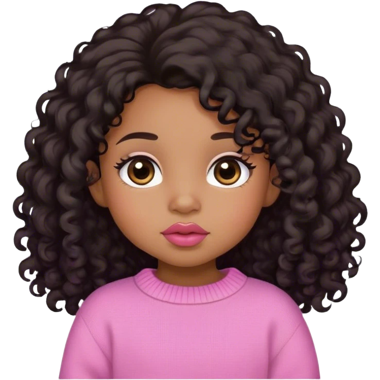 medium brown skin tone, very adorable toddler, with big plump lips, long long lashes, black curly long hair, brown eyes, pink sweater emoji