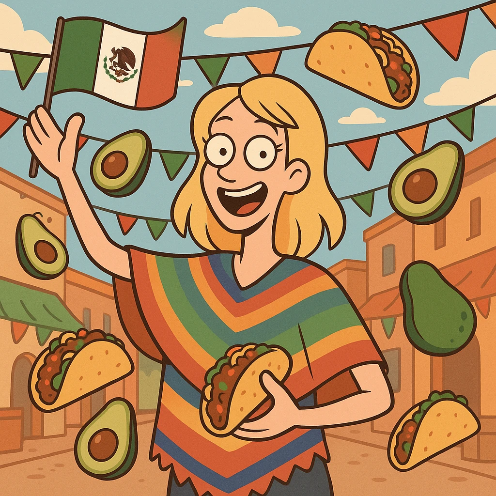 playful cartoon of a tall blonde woman wearing a colorful poncho, smiling, holding a taco and an avocado, waving a Mexico flag, surrounded by tacos and avocados, street party scene emoji